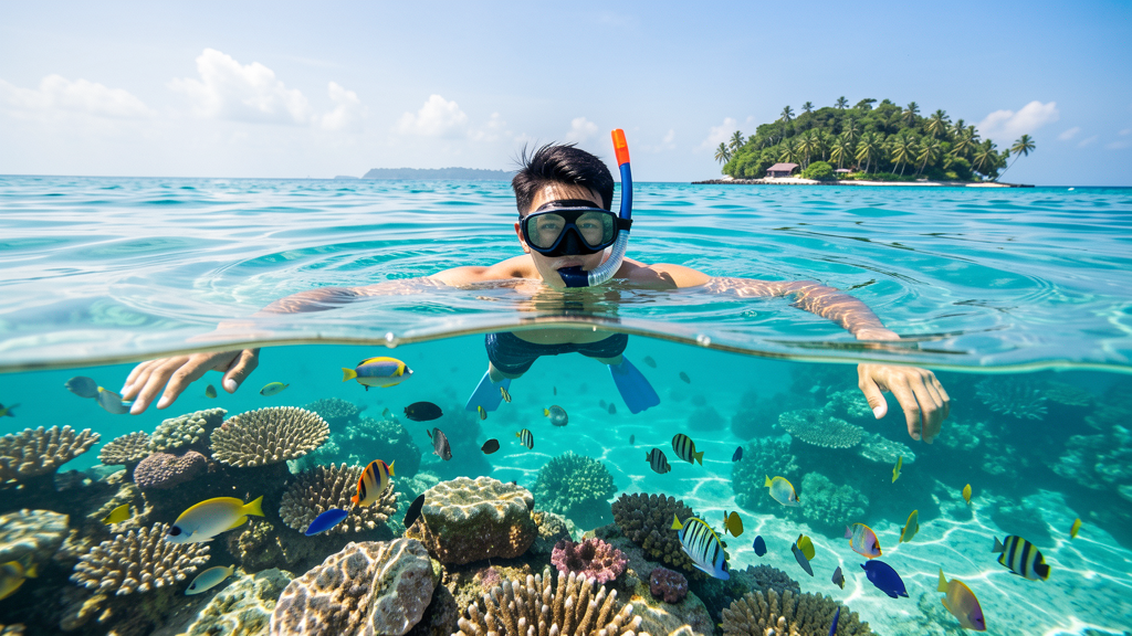Ilustrasi snorkeling di perairan jernih sekitar Pulau Keuluang